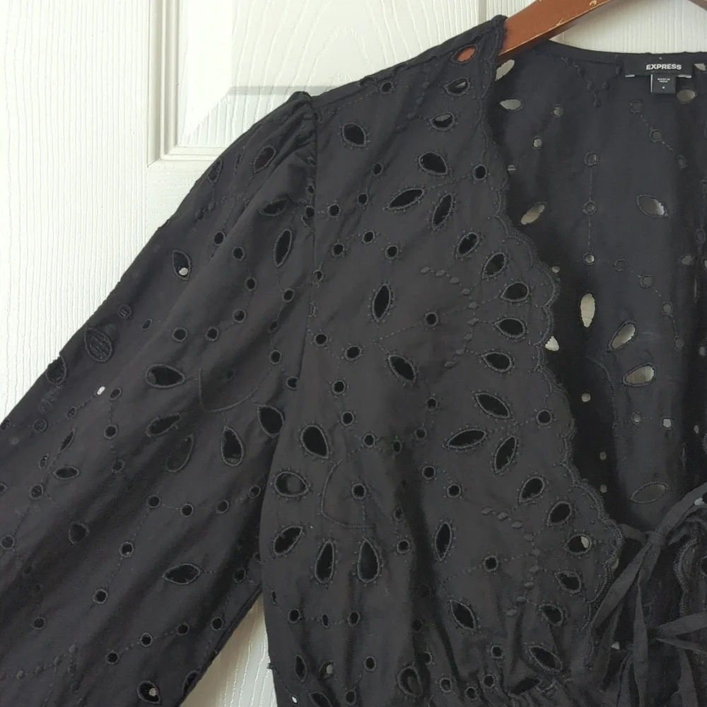 Express Bohemian Eyelet Embroidered Long Sleeve Tie Front Cropped Blouse Black S - Picture 3 of 12